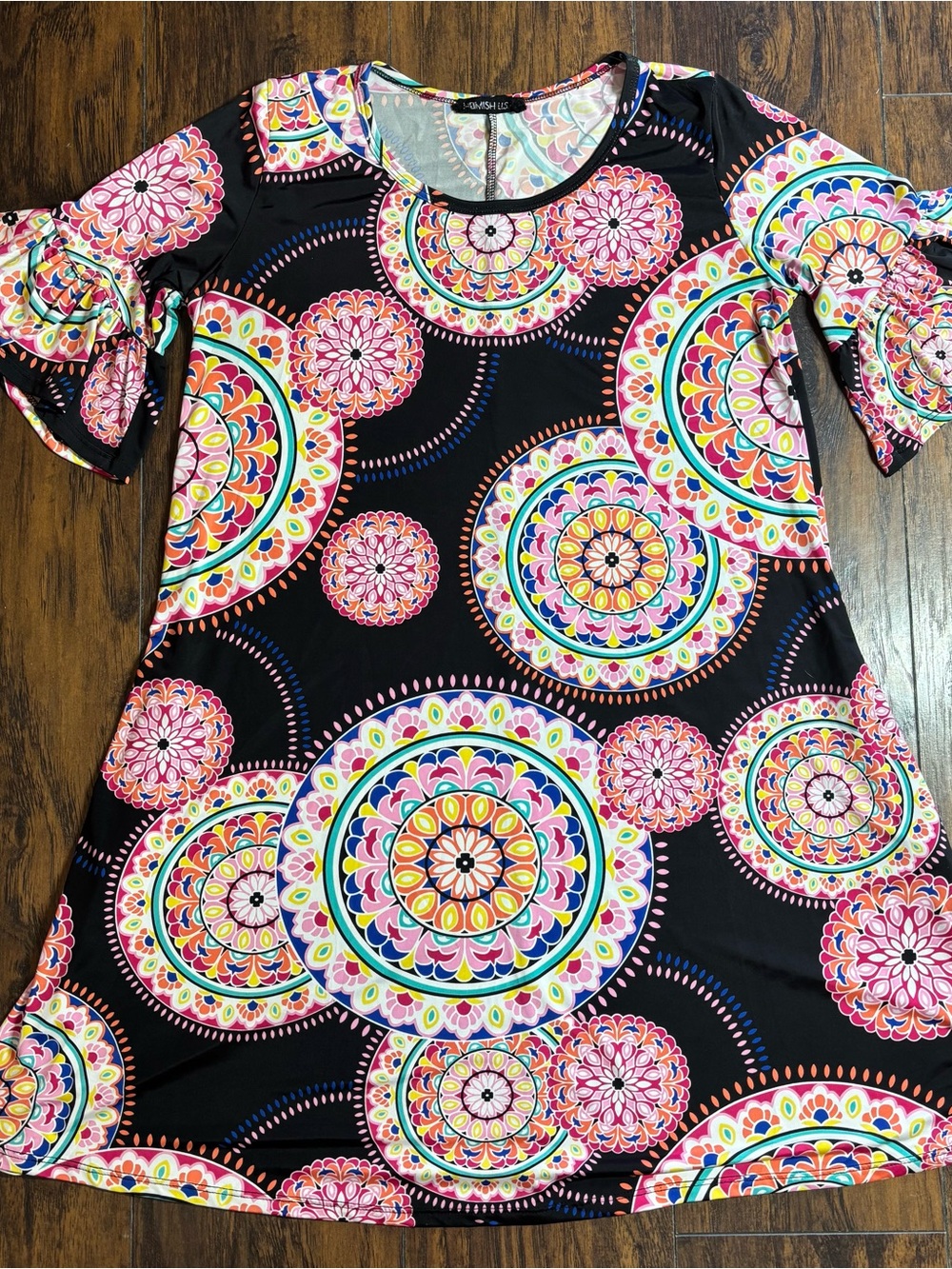 Women’s Black and Pink Dress with Colorful Print Size Medium with Pockets
